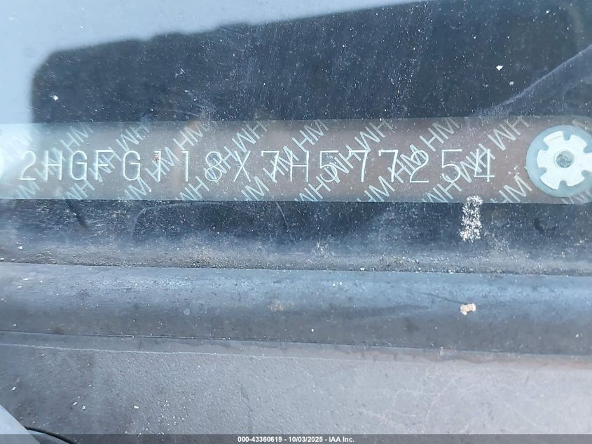 2007 Honda Civic Ex VIN: 2HGFG118X7H577254 Lot: 43360619