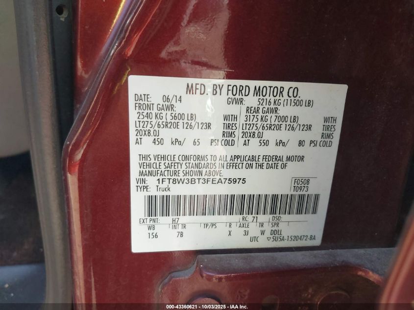 2015 Ford F-350 Lariat VIN: 1FT8W3BT3FEA75975 Lot: 43360621