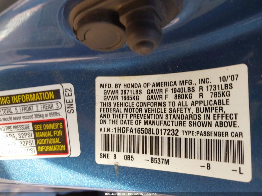 2008 Honda Civic Lx VIN: 1HGFA16508L017232 Lot: 43360623