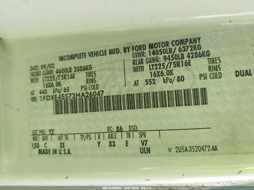 2003 Ford E-450 Cutaway Standard VIN: 1FDXE45S73HA26047 Lot: 43360626