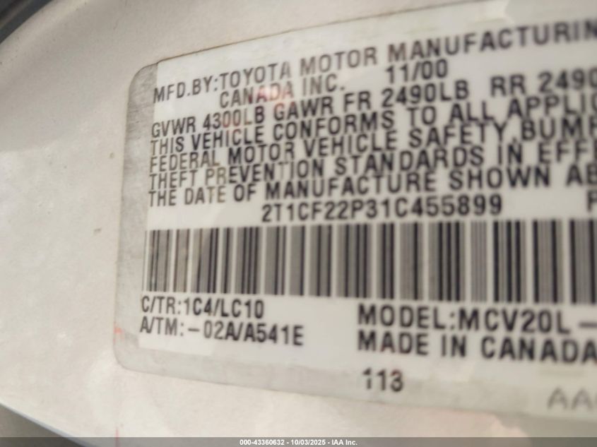 2001 Toyota Camry Solara Sle V6 VIN: 2T1CF22P31C455899 Lot: 43360632