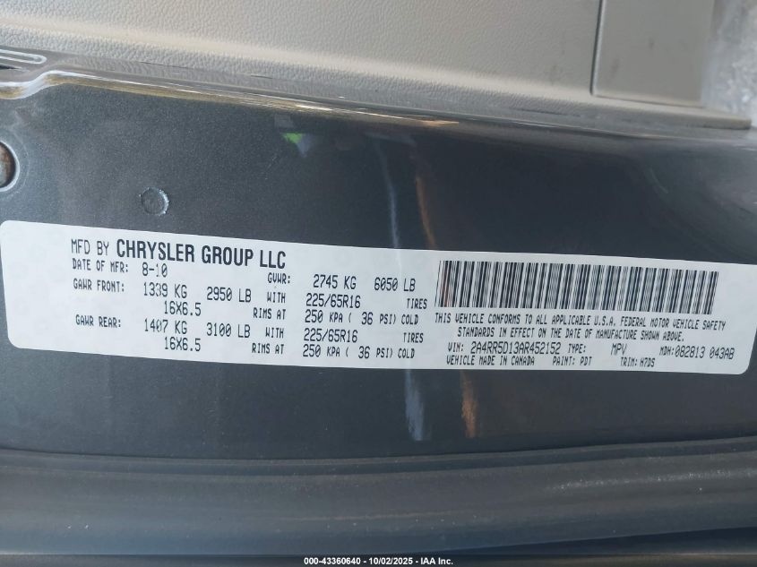 2010 Chrysler Town & Country Touring VIN: 2A4RR5D13AR452152 Lot: 43360640