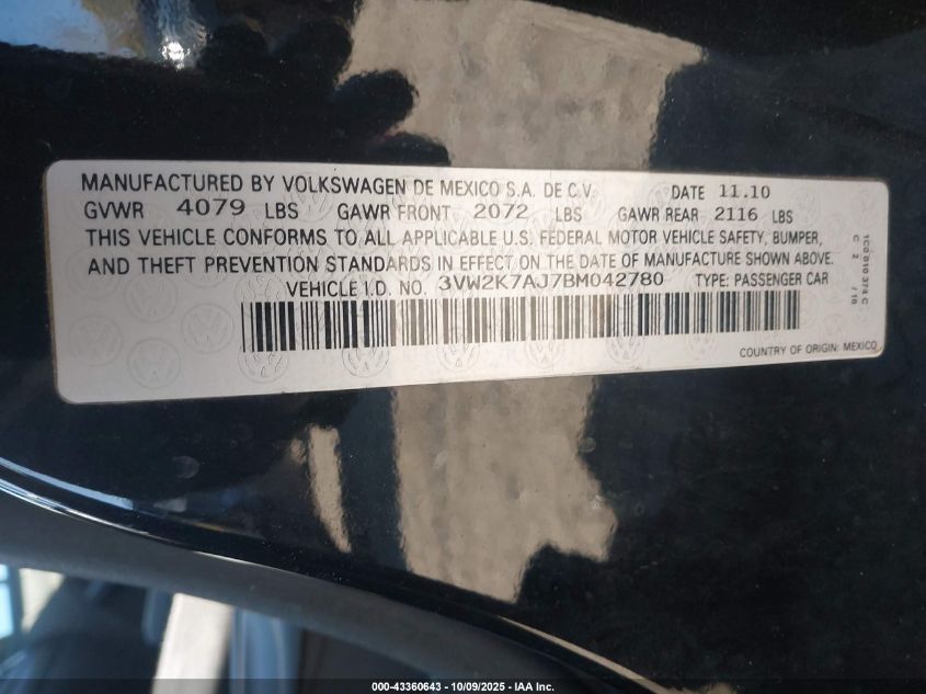 2011 Volkswagen Jetta 2.0L S VIN: 3VW2K7AJ7BM042780 Lot: 43360643