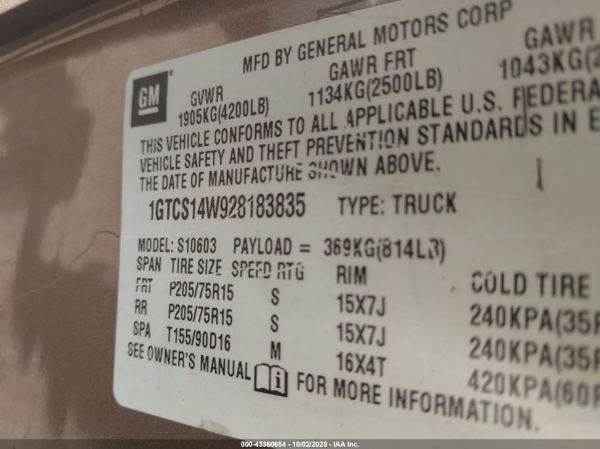 2002 GMC Sonoma Sl VIN: 1GTCS14W928183835 Lot: 43360654