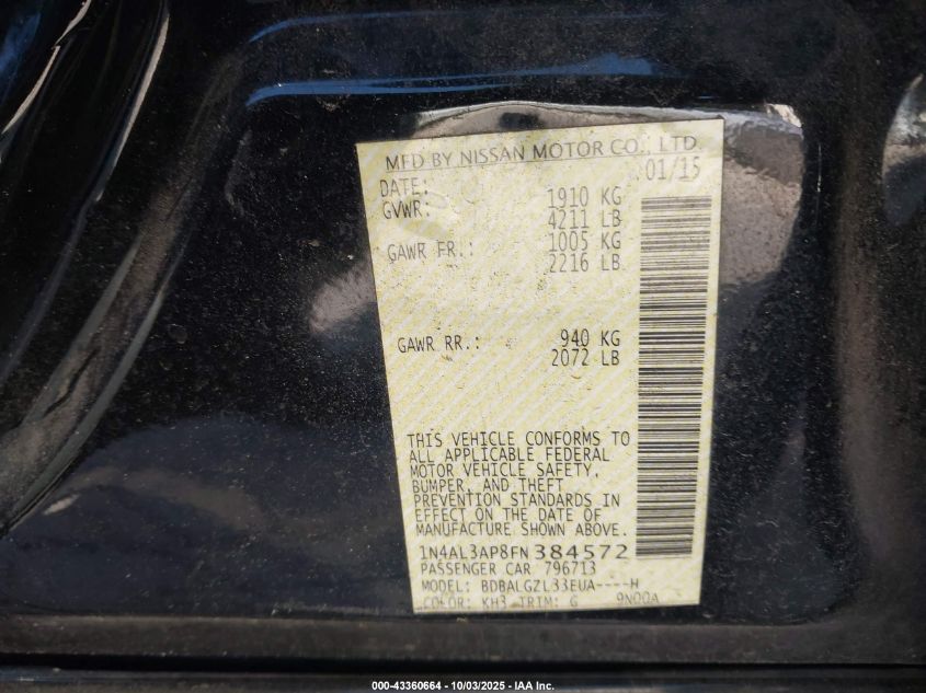 2015 Nissan Altima 2.5 S VIN: 1N4AL3AP8FN384572 Lot: 43360664