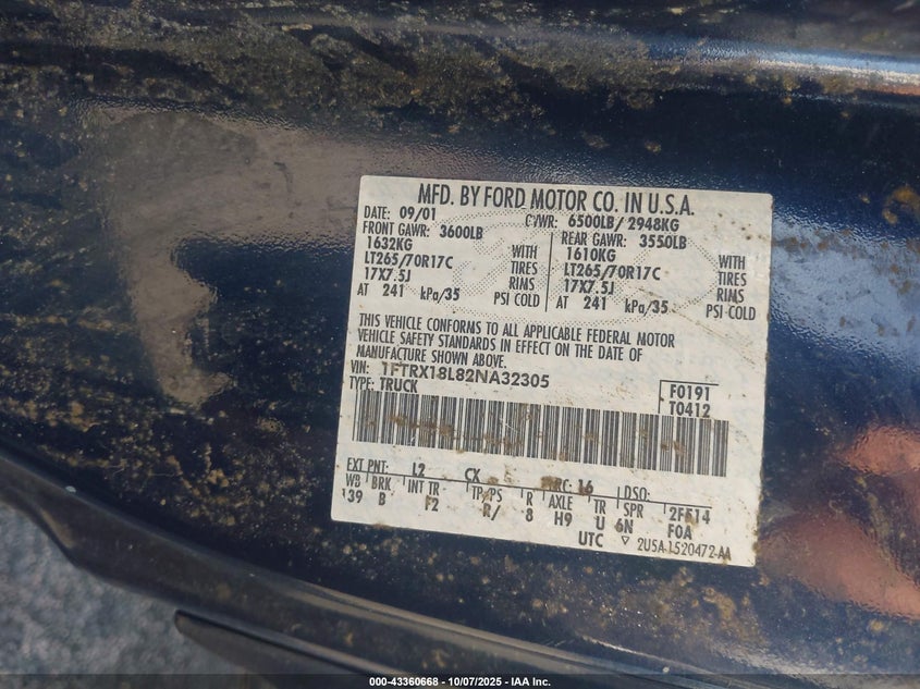 2002 Ford F-150 Lariat/Xl/Xlt VIN: 1FTRX18L82NA32305 Lot: 43360668