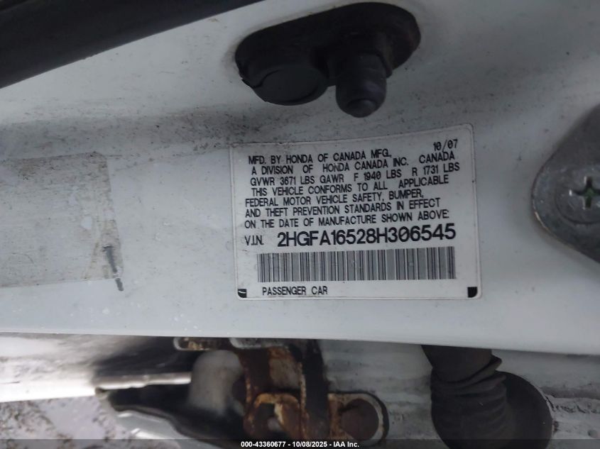 2008 Honda Civic Lx VIN: 2HGFA16528H306545 Lot: 43360677