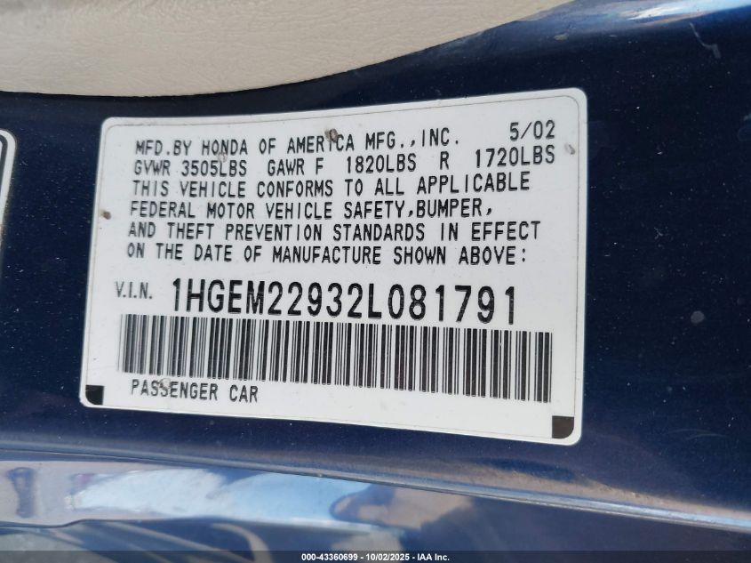 2002 Honda Civic Ex VIN: 1HGEM22932L081791 Lot: 43360699