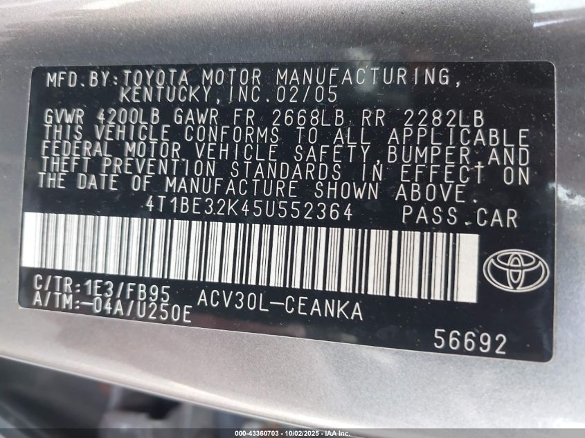 2005 Toyota Camry Le/Xle/Se VIN: 4T1BE32K45U552364 Lot: 43360703