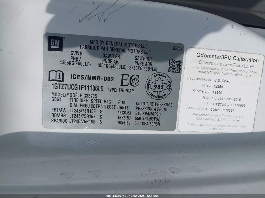 2015 GMC Savana 3500 Work Van VIN: 1GTZ7UCG1F1110609 Lot: 43360710