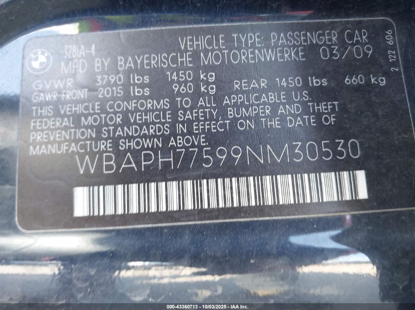 2009 BMW 328I VIN: WBAPH77599NM30530 Lot: 43360713