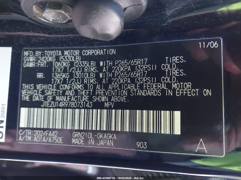 2007 Toyota 4Runner Sr5 V6 VIN: JTEZU14R978073143 Lot: 43360716