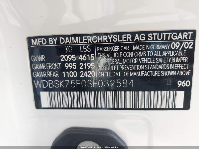 2003 Mercedes-Benz Sl 500 VIN: WDBSK75F03F032584 Lot: 43360729