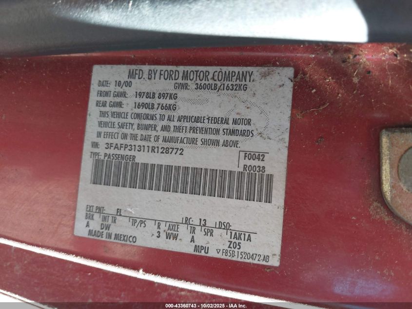 2001 Ford Focus Zx3 VIN: 3FAFP31311R128772 Lot: 43360743