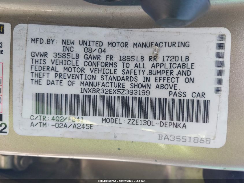 2005 Toyota Corolla Le VIN: 1NXBR32EX5Z393199 Lot: 43360751