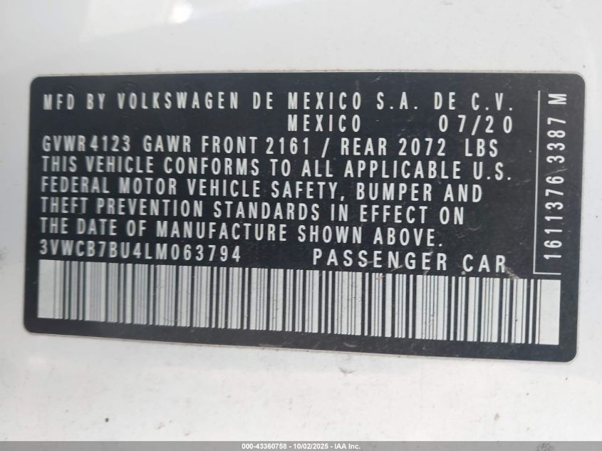 2020 Volkswagen Jetta 1.4T R-Line/1.4T S/1.4T Se VIN: 3VWCB7BU4LM063794 Lot: 43360758