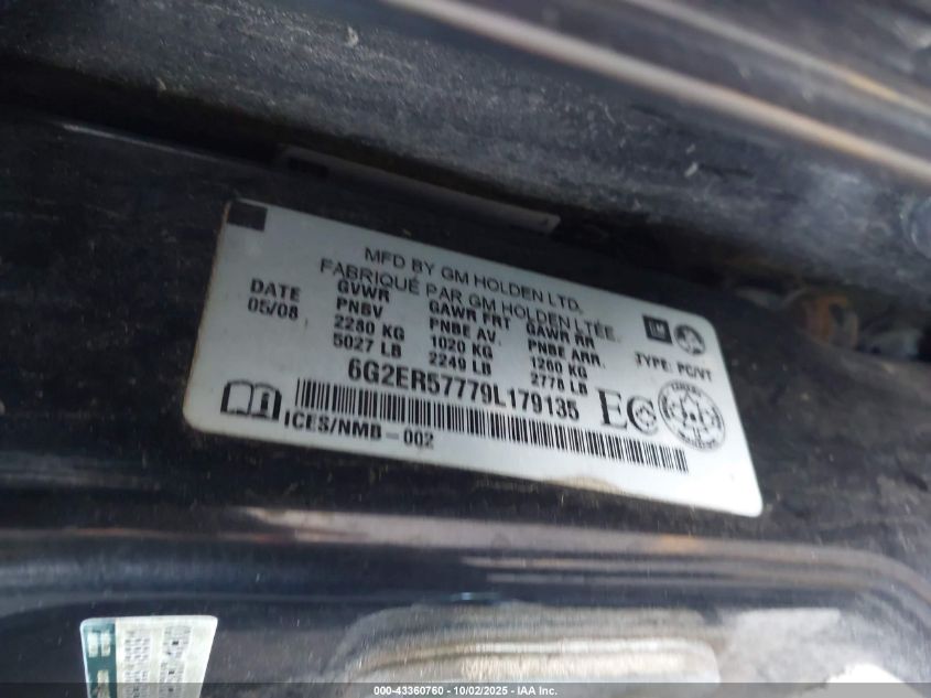 2009 Pontiac G8 VIN: 6G2ER57779L179135 Lot: 43360760