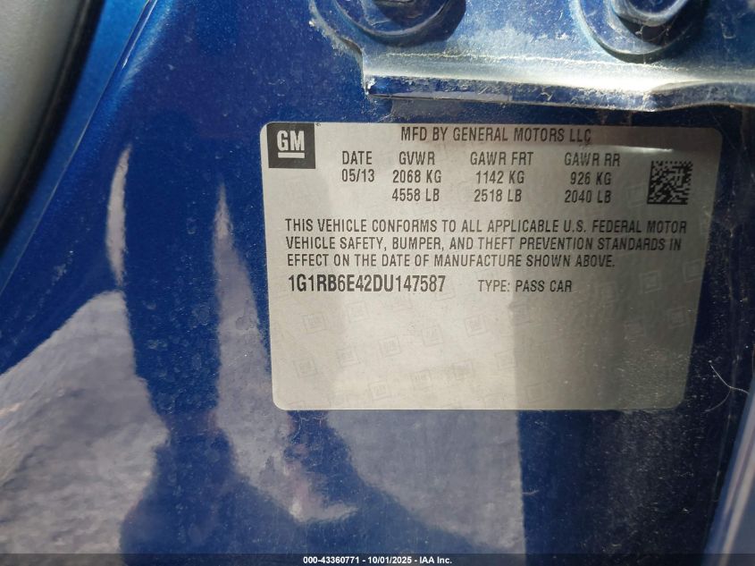 2013 Chevrolet Volt VIN: 1G1RB6E42DU147587 Lot: 43360771