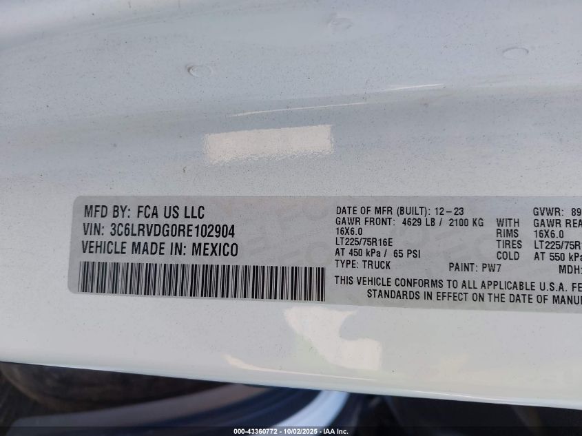 2024 Ram Promaster 2500 Tradesman High Roof 159 Wb W/Pass Seat VIN: 3C6LRVDG0RE102904 Lot: 43360772