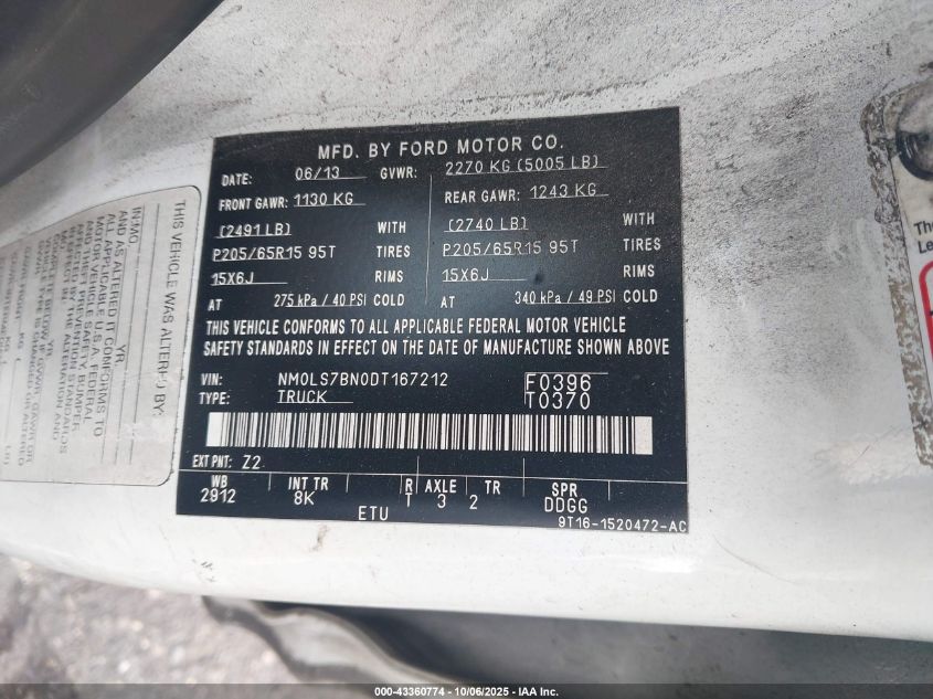 2013 Ford Transit Connect Xlt VIN: NM0LS7BN0DT167212 Lot: 43360774