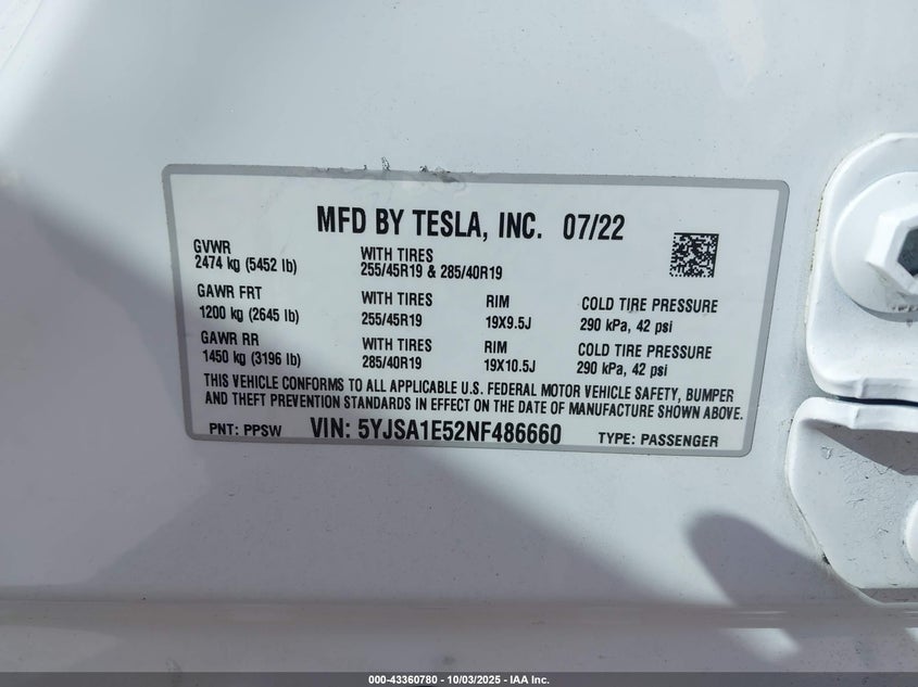 2022 TESLA MODEL S DUAL MOTOR ALL-WHEEL DRIVE - 5YJSA1E52NF486660