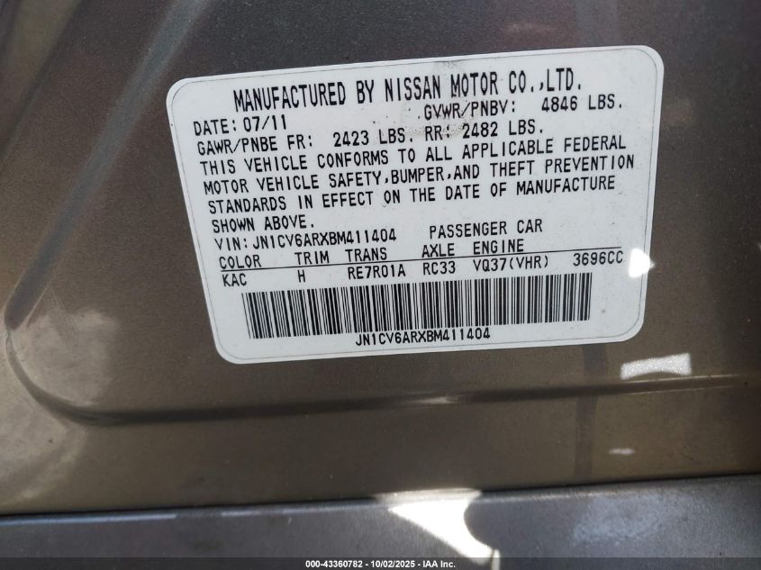 2011 Infiniti G37X VIN: JN1CV6ARXBM411404 Lot: 43360782