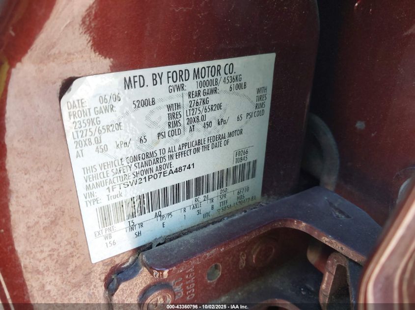 2007 Ford F-250 King Ranch/Lariat/Xl/Xlt VIN: 1FTSW21P07EA48741 Lot: 43360796