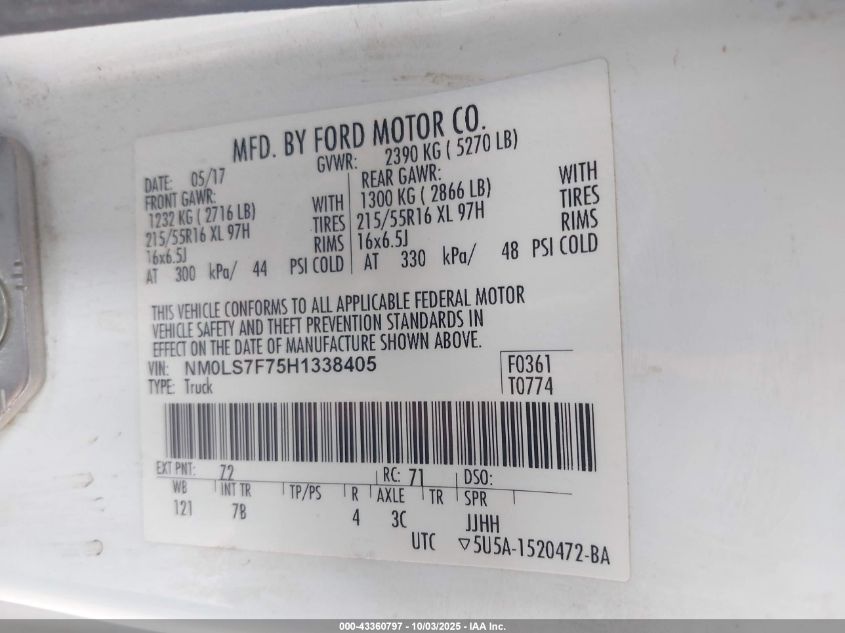 2017 Ford Transit Connect Xlt VIN: NM0LS7F75H1338405 Lot: 43360797