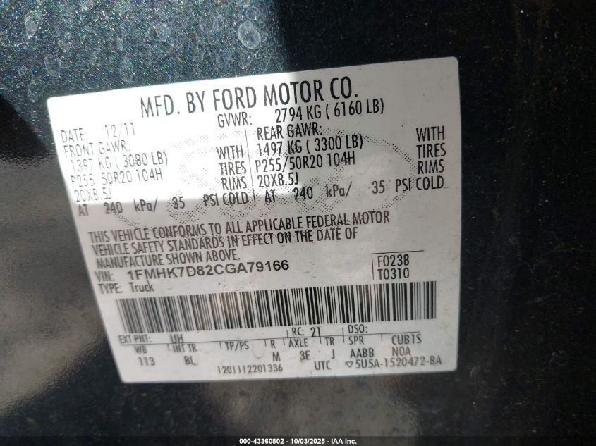 2012 Ford Explorer Xlt VIN: 1FMHK7D82CGA79166 Lot: 43360802