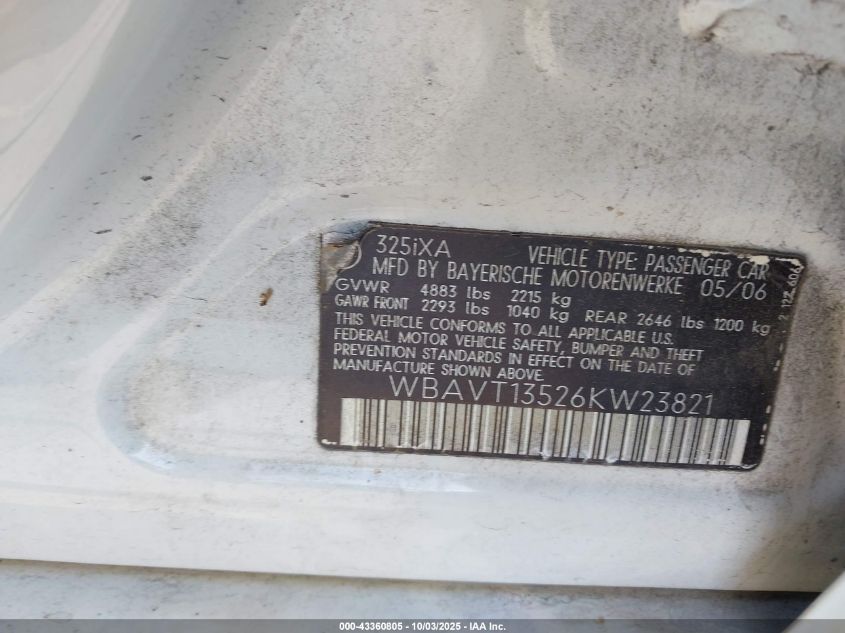 2006 BMW 325Xit VIN: WBAVT13526KW23821 Lot: 43360805