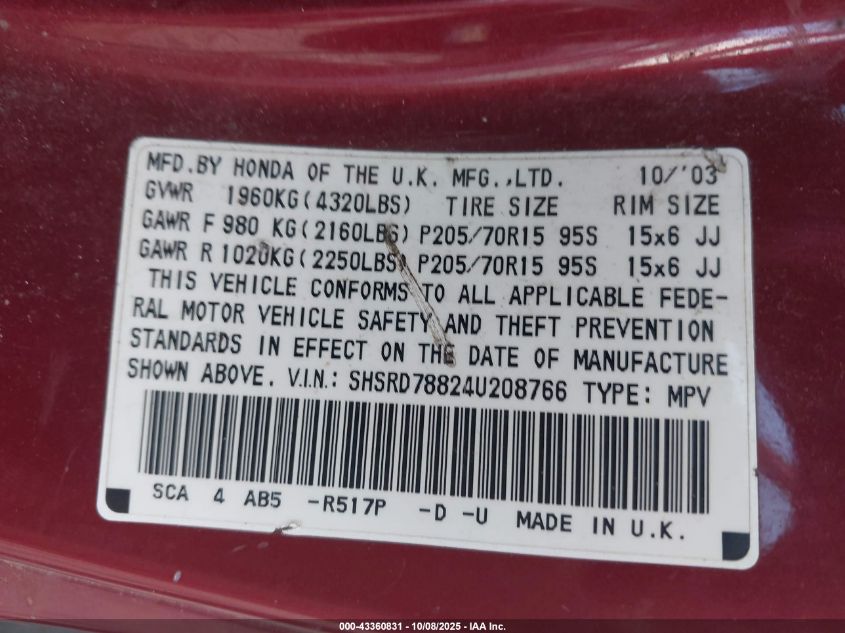 2004 Honda Cr-V Ex VIN: SHSRD78824U208766 Lot: 43360831