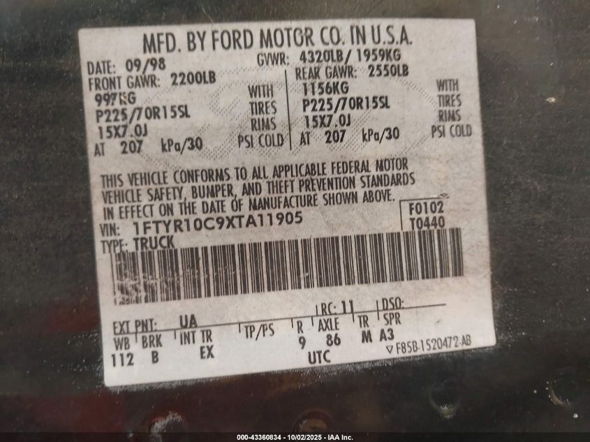 1999 Ford Ranger Xl/Xlt VIN: 1FTYR10C9XTA11905 Lot: 43360834