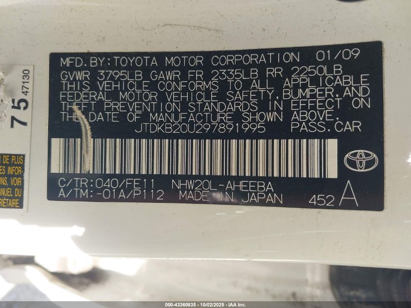 2009 Toyota Prius VIN: JTDKB20U297891995 Lot: 43360835