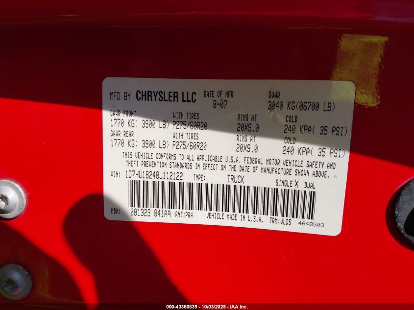 2008 Dodge Ram 1500 Laramie VIN: 1D7HU18248J112122 Lot: 43360839