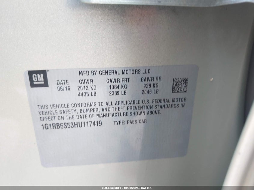 2017 CHEVROLET VOLT PREMIER 1G1RB6S53HU117419