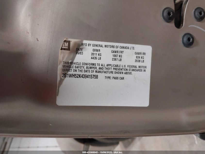 2003 Chevrolet Impala Ls VIN: 2G1WH52K439415758 Lot: 43360845