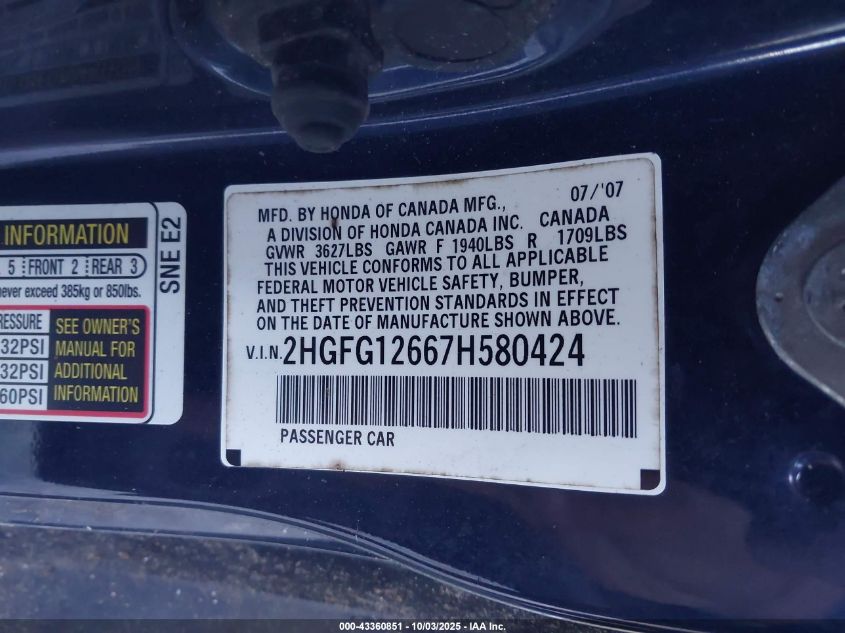 2007 Honda Civic Lx VIN: 2HGFG12667H580424 Lot: 43360851