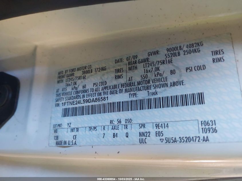 2009 Ford E-250 Commercial/Recreational VIN: 1FTNE24L59DA86581 Lot: 43360854