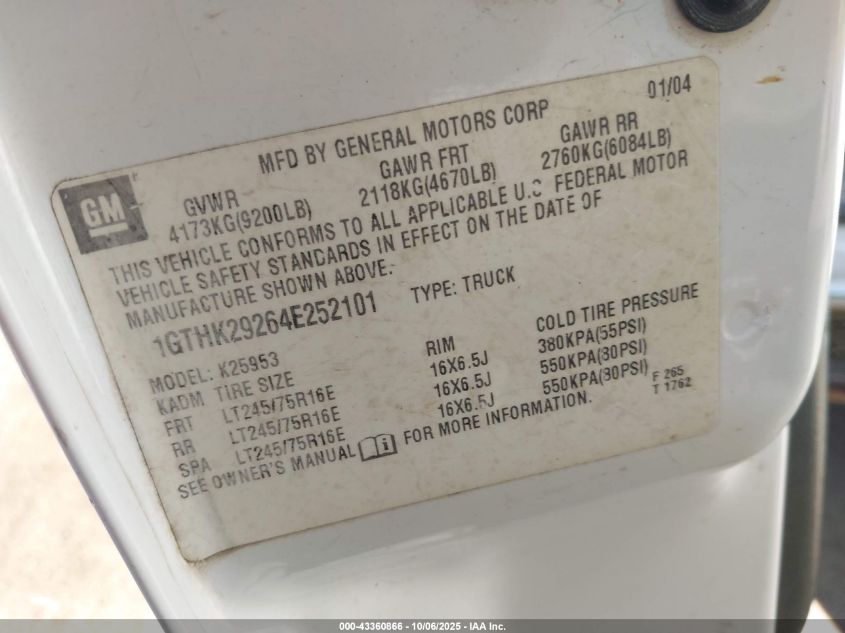 2004 GMC Sierra 2500Hd Work Truck VIN: 1GTHK29264E252101 Lot: 43360866