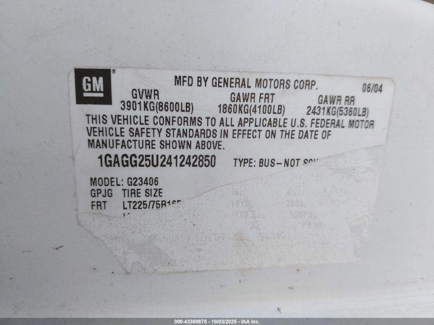 2004 Chevrolet Express VIN: 1GAGG25U241242850 Lot: 43360875