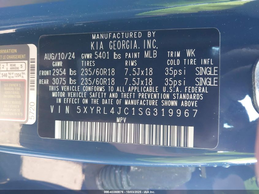 2025 Kia Sorento S VIN: 5XYRL4JC1SG319967 Lot: 43360876