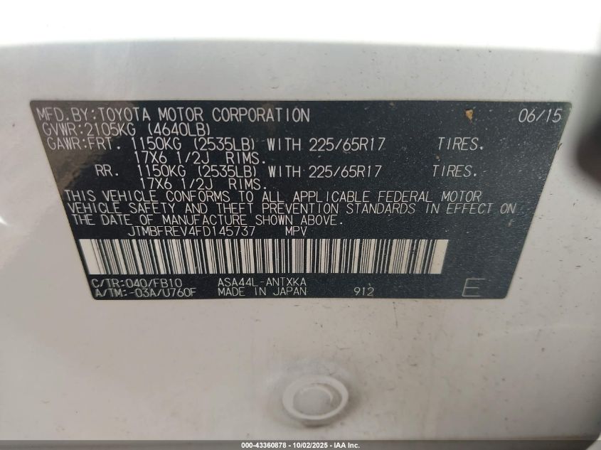 2015 Toyota Rav4 Le VIN: JTMBFREV4FD145737 Lot: 43360878