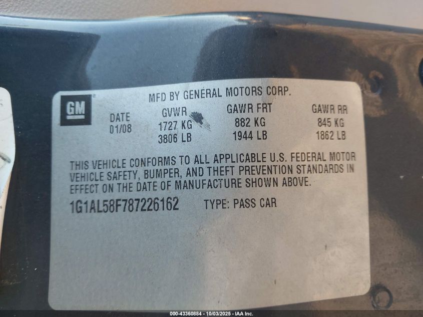 2008 Chevrolet Cobalt Lt VIN: 1G1AL58F787226162 Lot: 43360884