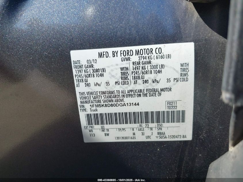 2013 Ford Explorer Xlt VIN: 1FM5K8D80DGA13144 Lot: 43360885