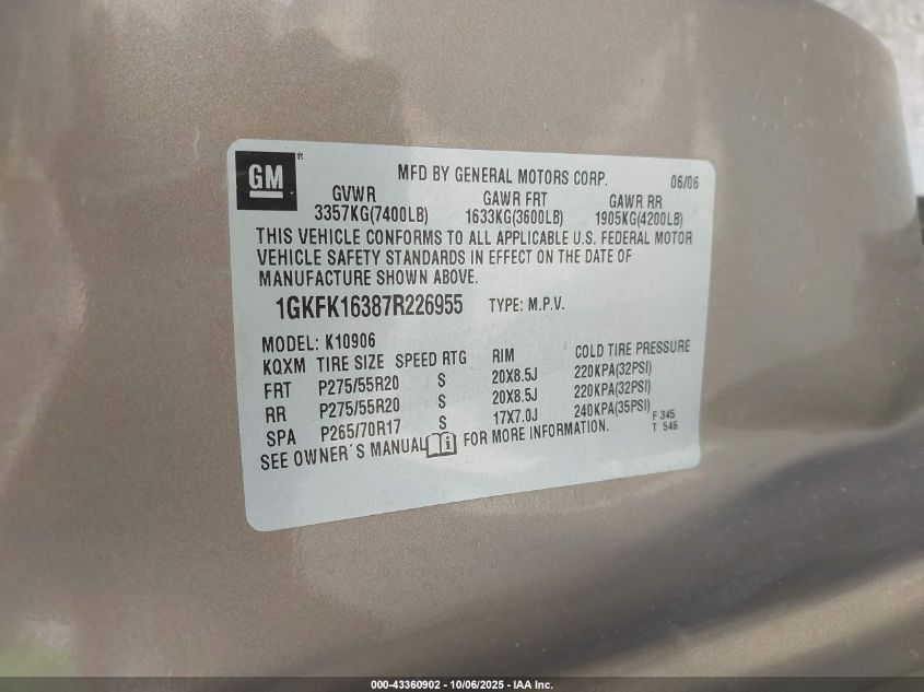 2007 GMC Yukon Xl 1500 Slt VIN: 1GKFK16387R226955 Lot: 43360902