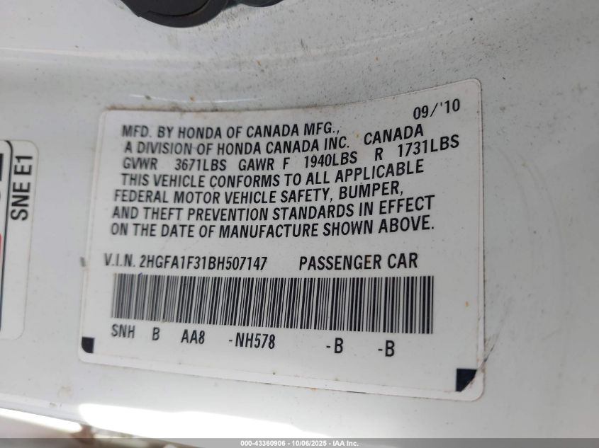 2011 Honda Civic Vp VIN: 2HGFA1F31BH507147 Lot: 43360906