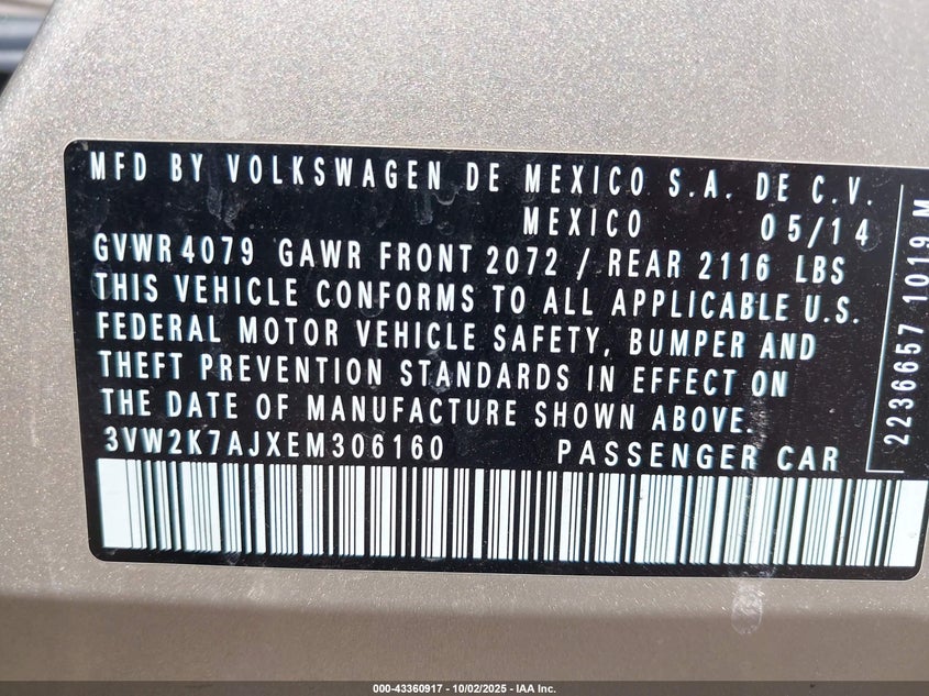 2014 VOLKSWAGEN JETTA 2.0L S - 3VW2K7AJXEM306160