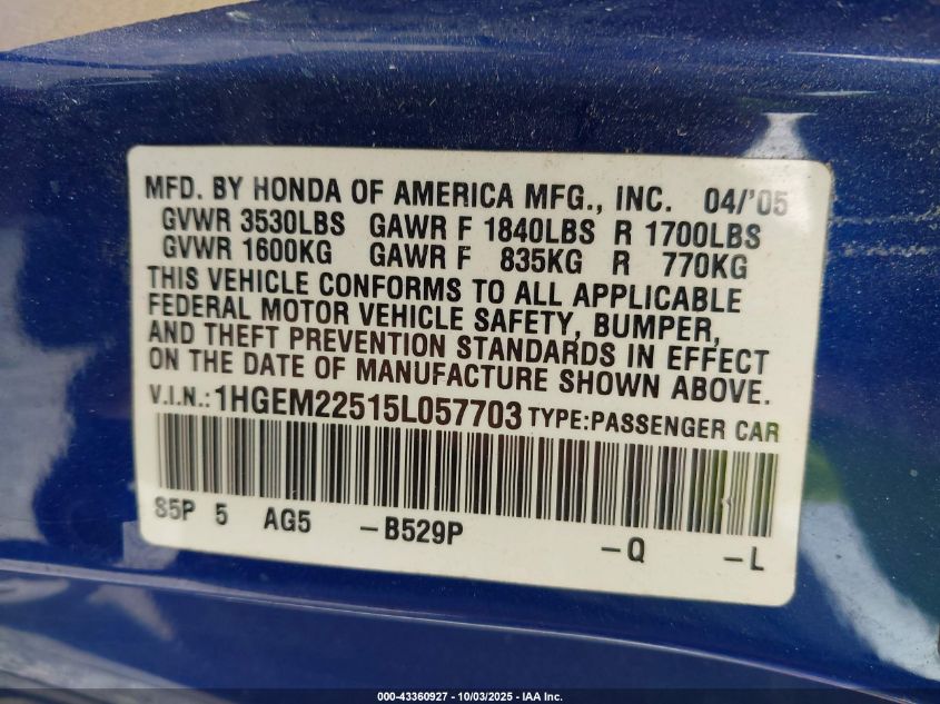 2005 Honda Civic Lx VIN: 1HGEM22515L057703 Lot: 43360927