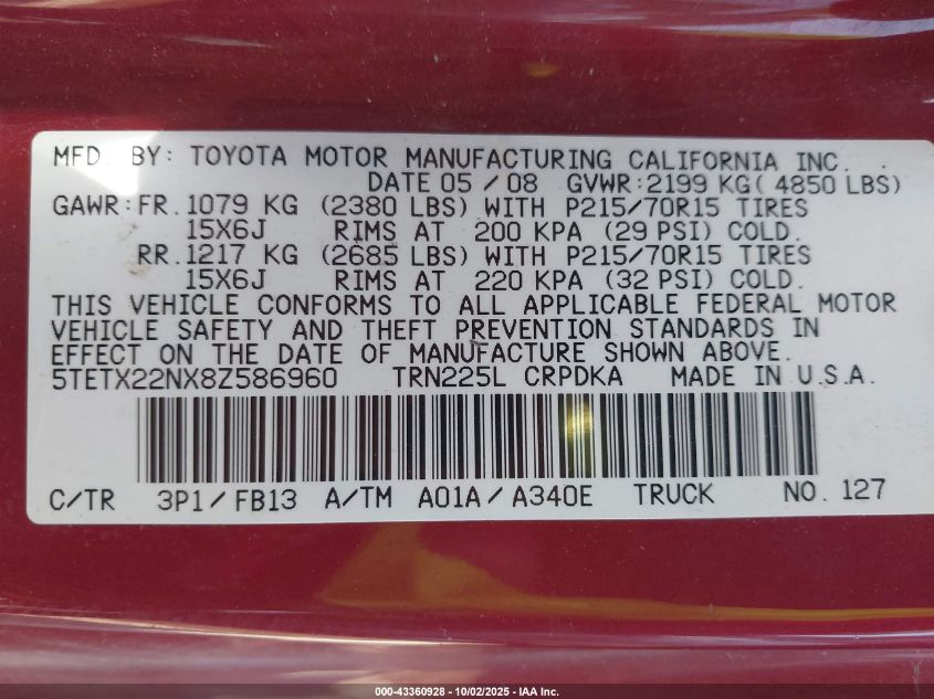 2008 Toyota Tacoma VIN: 5TETX22NX8Z586960 Lot: 43360928