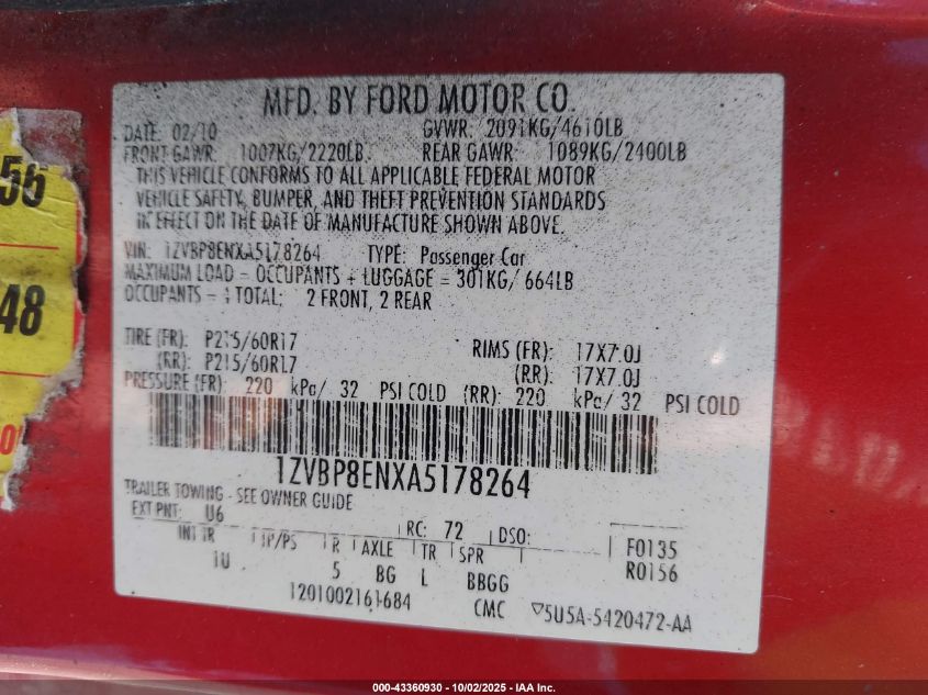 2010 Ford Mustang V6/V6 Premium VIN: 1ZVBP8ENXA5178264 Lot: 43360930